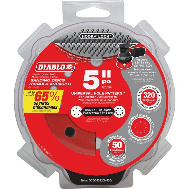 Diablo 5 In. 320-Grit Universal 12-Hole Vented Sanding Disc with Hook and Lock Backing (50-Pack)