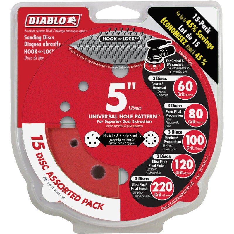 Diablo StickFast 5 In. Assorted Grit 60/80/100/120/220 Hook & Lock Sanding Disc (15-Pack)