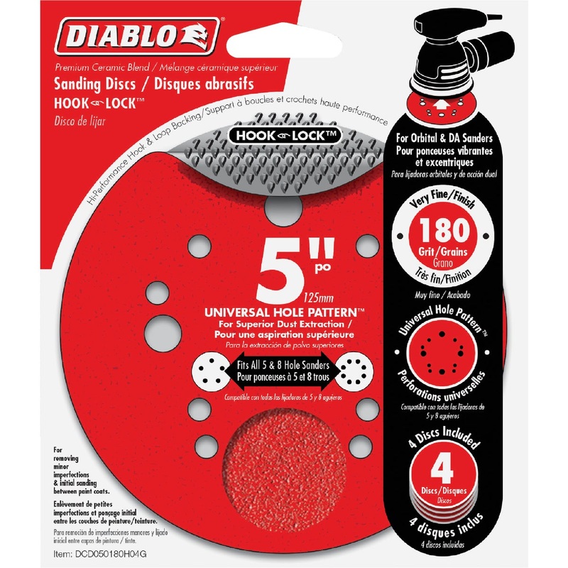 Diablo 5 In. 180-Grit Universal 5-Hole Hook and Lock Vented Sanding Disc (4-Pack)