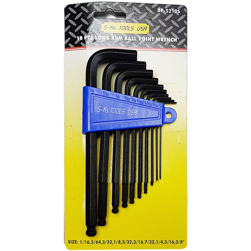 S-Ks 10pcs. BP-5210S Long Arm Hex Allen Wrench Key Ball Point End (1/16"-3/8")