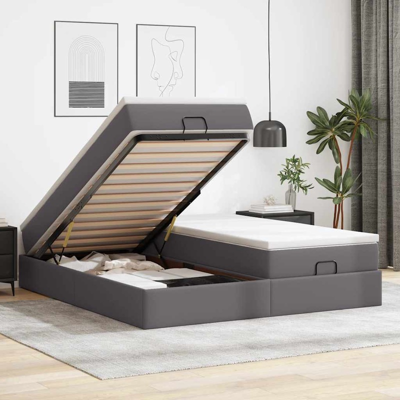 Cadre de lit ottoman avec matelas gris 160x200 cm similicuir