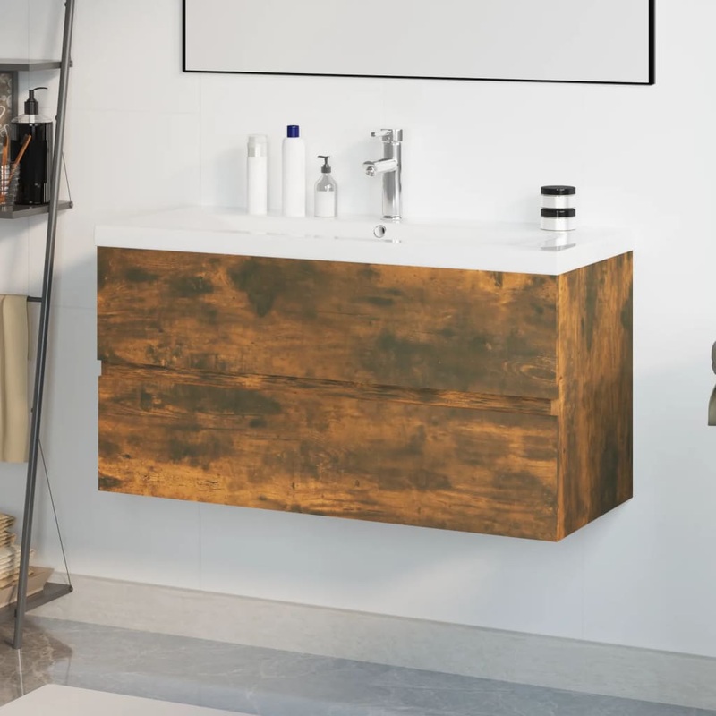 Meuble lavabo avec bassin intgr Chne fum Bois d'ingnierie